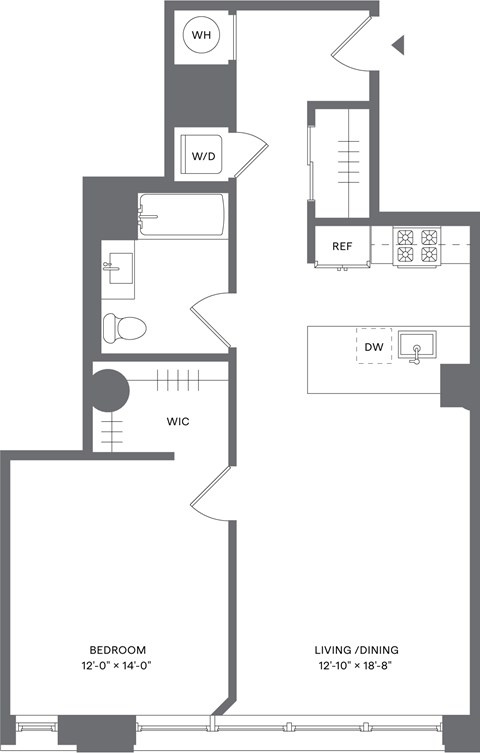 Floor plan for 1 bed, 1 bath, 798 sqft